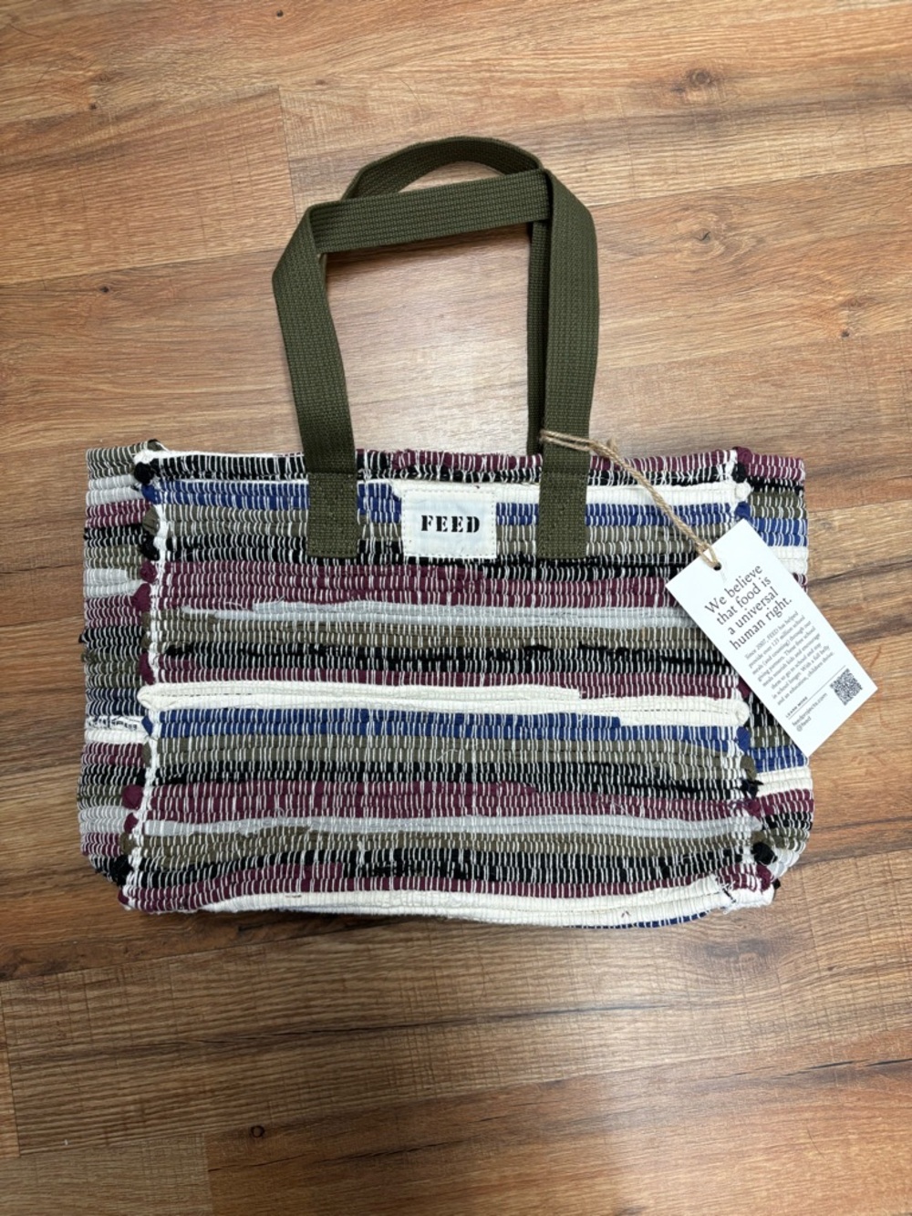 FEED Striped Multicolor Woven Tote Bag with Olive Handles